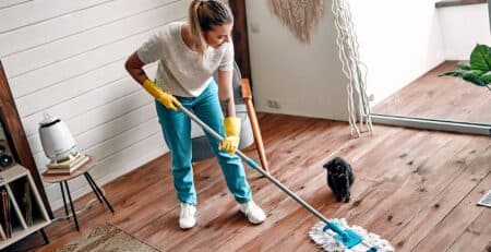 Jeannie Cleaning professional tidying a living room in a Kalamazoo Michigan home