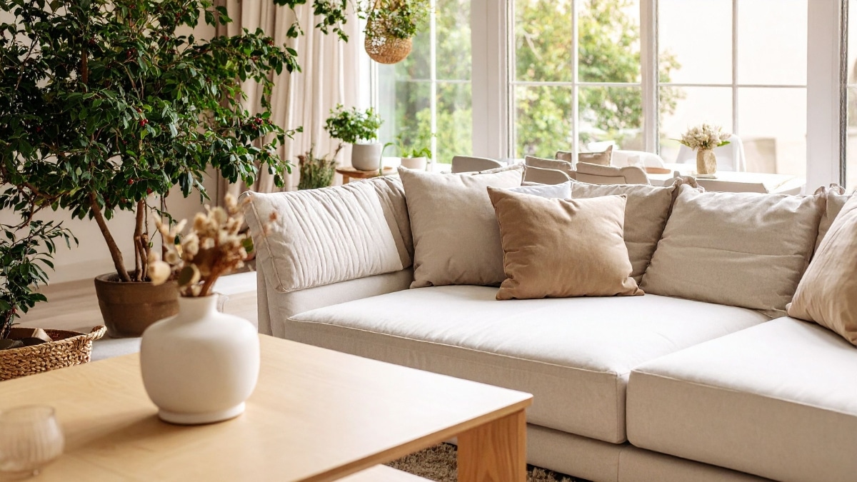 Spotless living room with clean upholstery and polished surfaces after maid service.